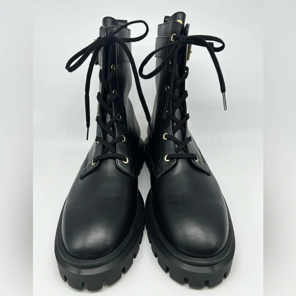 Stuart Weitzman Ultra Lug Black Combat boots Gold Buckles  size 10.5  new - Picture 2 of 14